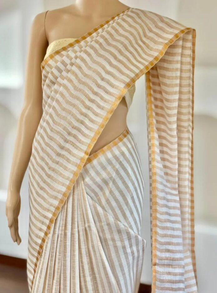 Off White Linen Saree Copper Zari Border Onam Festival Wear