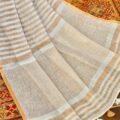 Off White Linen Saree Copper Zari Border Onam Festival Wear