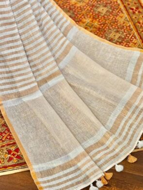 Off White Linen Saree Copper Zari Border Onam Festival Wear