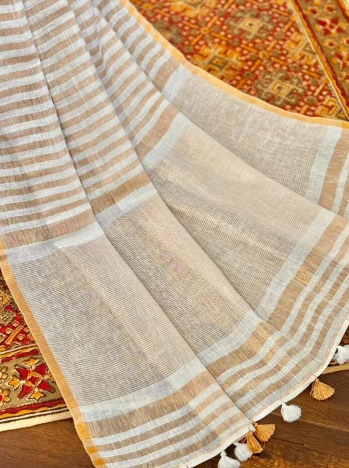 Off White Linen Saree Copper Zari Border Onam Festival Wear