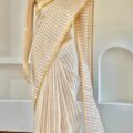 Off White Linen Saree Copper Zari Border Onam Festival Wear