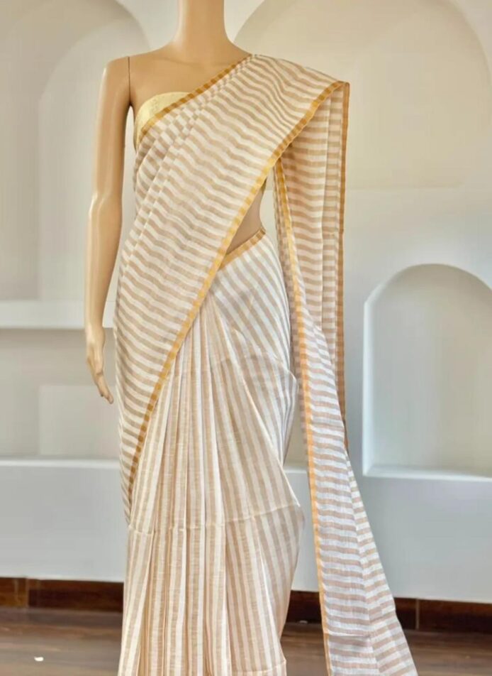 Off White Linen Saree Copper Zari Border Onam Festival Wear