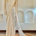 Off White Linen Saree Copper Zari Border Onam Festival Wear