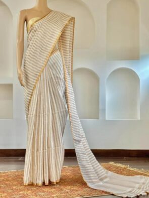 Off White Linen Saree Copper Zari Border Onam Festival Wear