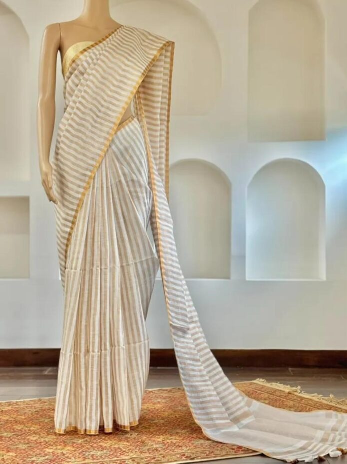 Off White Linen Saree Copper Zari Border Onam Festival Wear