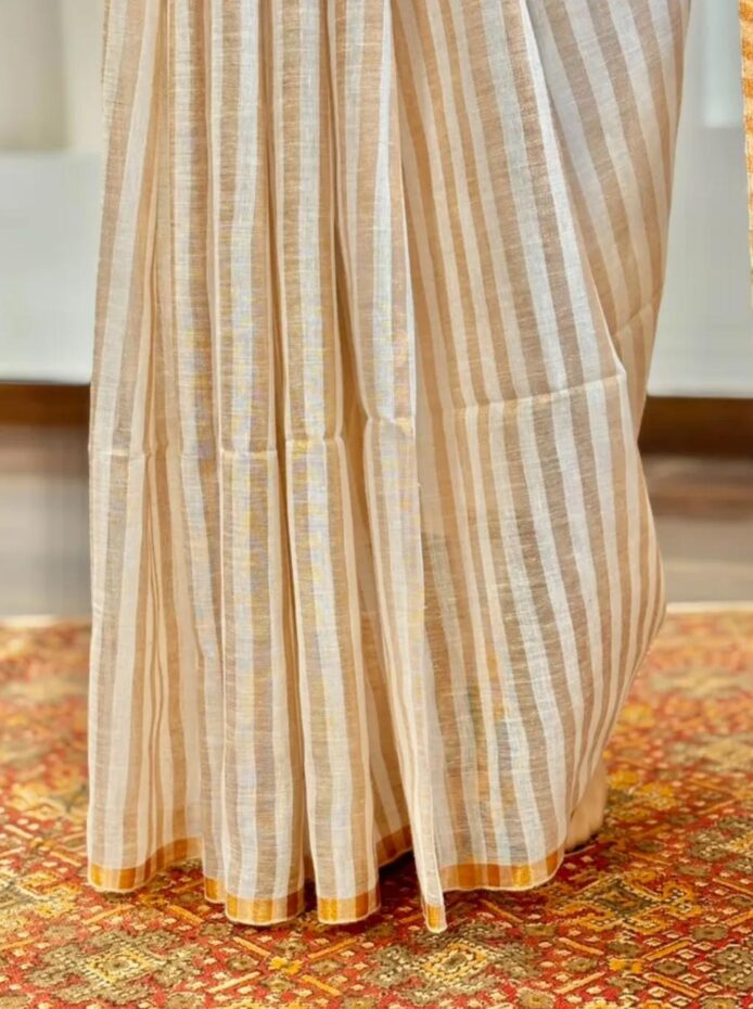 Off White Linen Saree Copper Zari Border Onam Festival Wear