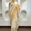 Onam Linen Saree with Striped Border Copper Zari Border Saree