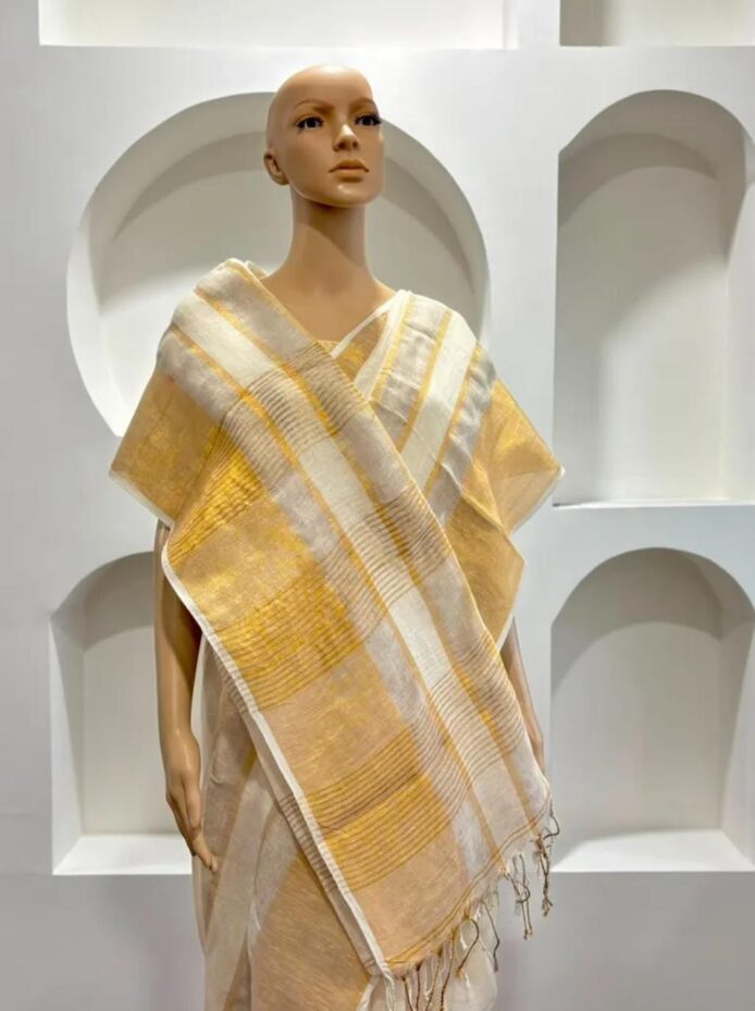 Onam Linen Saree with Striped Border Copper Zari Border Saree