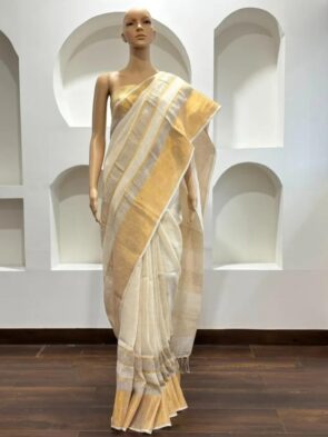 Onam Linen Saree with Striped Border Copper Zari Border Saree