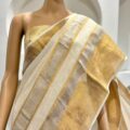 Onam Linen Saree with Striped Border Copper Zari Border Saree