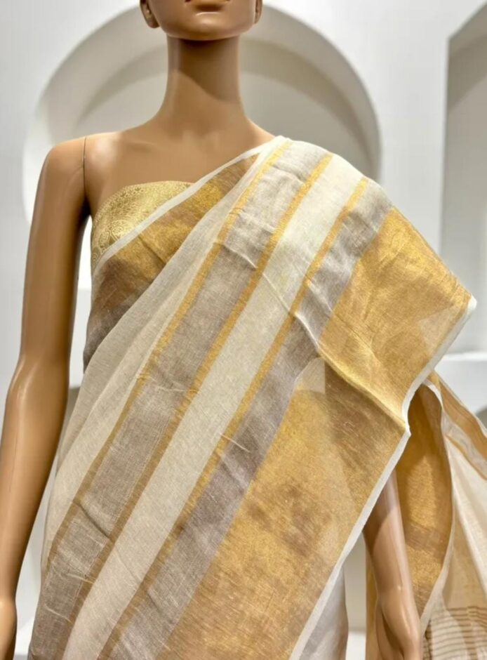 Onam Linen Saree with Striped Border Copper Zari Border Saree