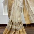Onam Linen Saree with Striped Border Copper Zari Border Saree