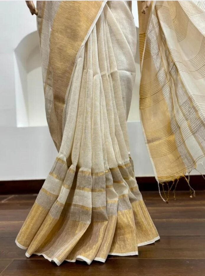 Onam Linen Saree with Striped Border Copper Zari Border Saree