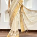 Onam Linen Saree with Striped Border Copper Zari Border Saree