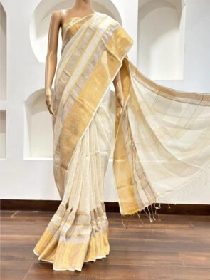 Onam Linen Saree with Striped Border Copper Zari Border Saree