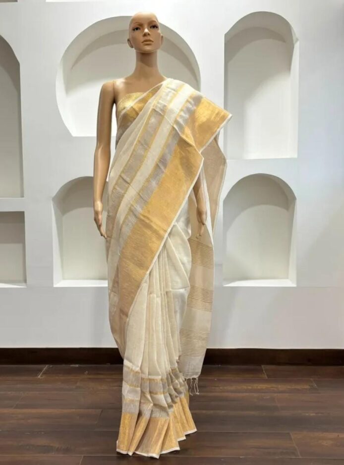 Onam Linen Saree with Striped Border Copper Zari Border Saree