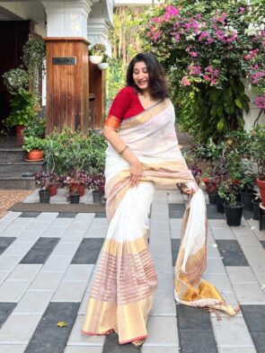 Onam Linen Saree with Zari Border | Onam Saree for Women