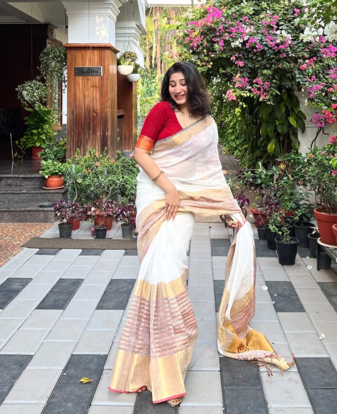 Onam Linen Saree with Zari Border | Onam Saree for Women