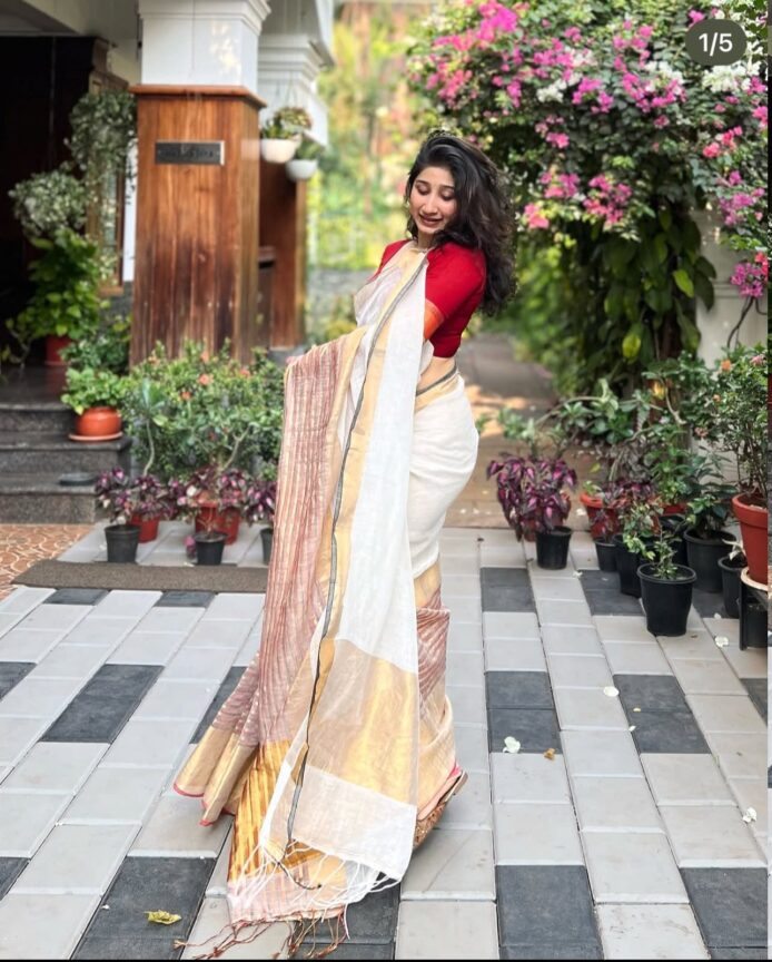 Onam Linen Saree with Zari Border | Onam Saree for Women
