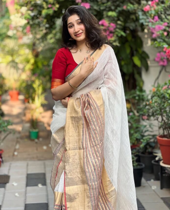 Onam Linen Saree with Zari Border | Onam Saree for Women
