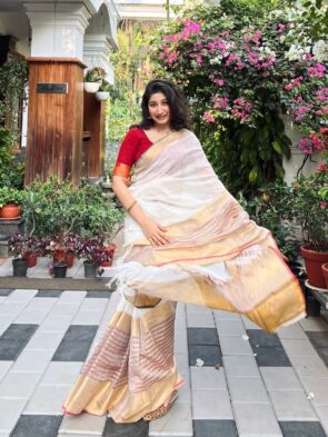 Onam Linen Saree with Zari Border | Onam Saree for Women