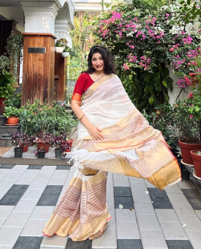 Onam Linen Saree with Zari Border | Onam Saree for Women