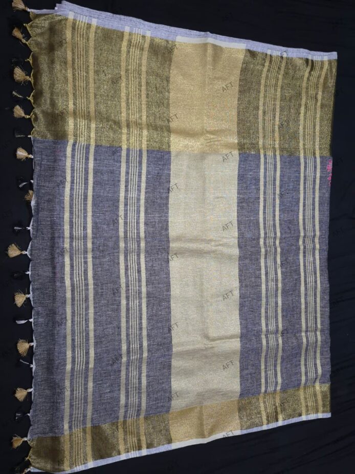 Light Grey Linen Saree with Golden Border | Embroidery Wedding Wear