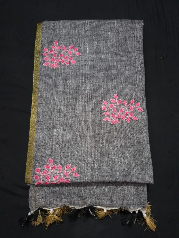 Light Grey Linen Saree with Golden Border | Embroidery Wedding Wear