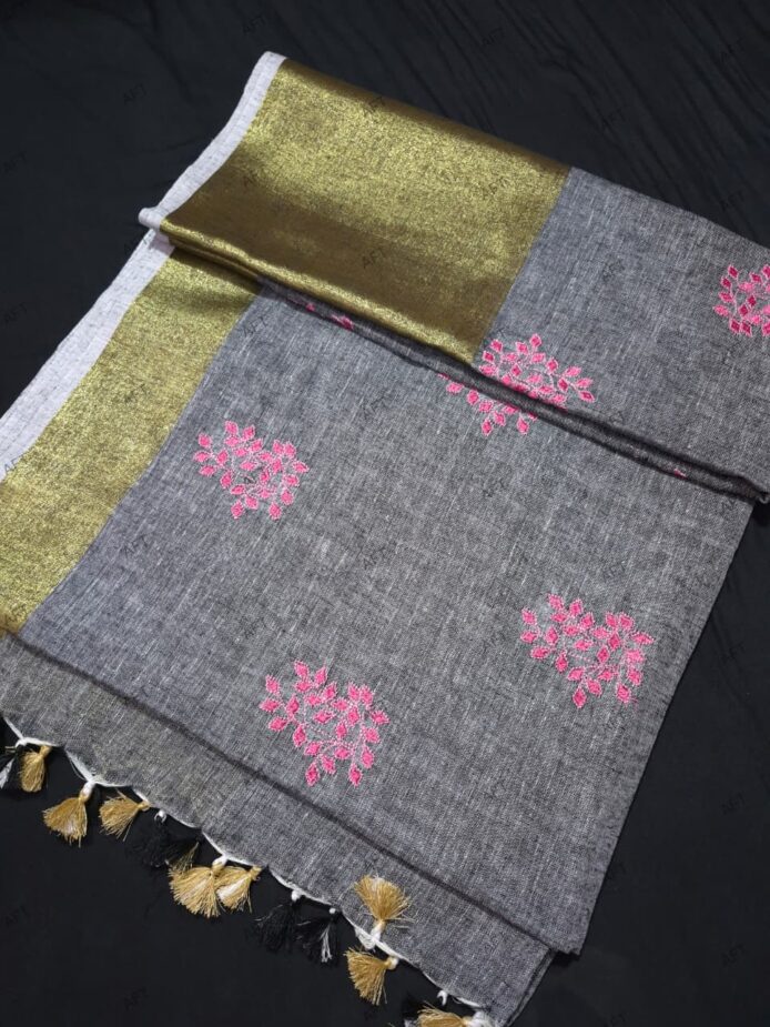 Light Grey Linen Saree with Golden Border | Embroidery Wedding Wear