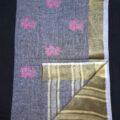 Light Grey Linen Saree with Golden Border | Embroidery Wedding Wear