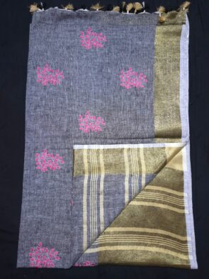 Light Grey Linen Saree with Golden Border | Embroidery Wedding Wear