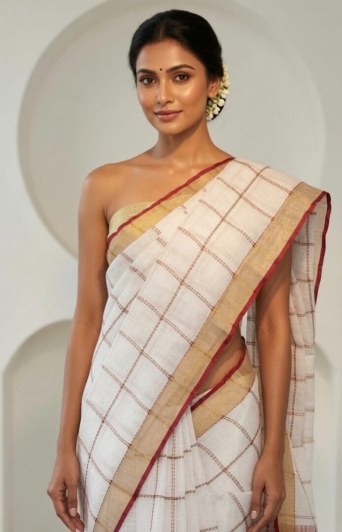Bhagalpuri Linen Saree with Copper Zari Border Onam Saree
