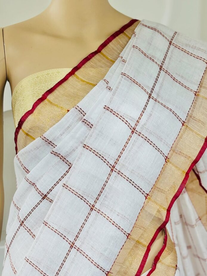 Bhagalpuri Linen Saree with Copper Zari Border Onam Saree