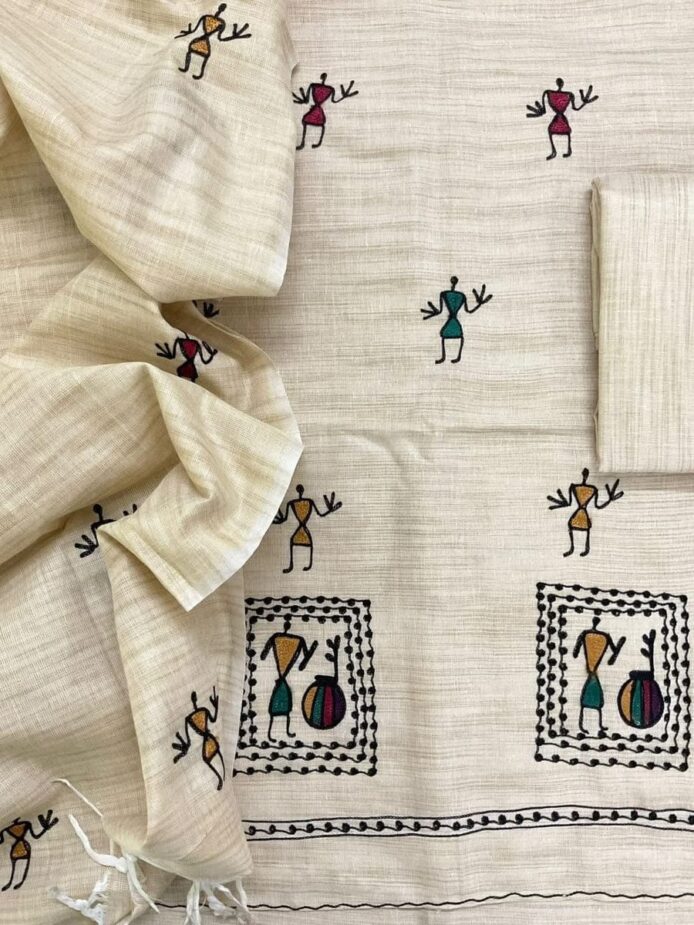 Khadi cotton embroidery salwar suit material with vibrant tribal folk art work on top & dupatta – perfect for festive, party & wedding wear. Aamir Fashion Textile.