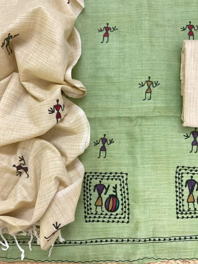 Khadi cotton embroidery salwar suit material with vibrant tribal folk art work on top & dupatta – perfect for festive, party & wedding wear. Aamir Fashion Textile.