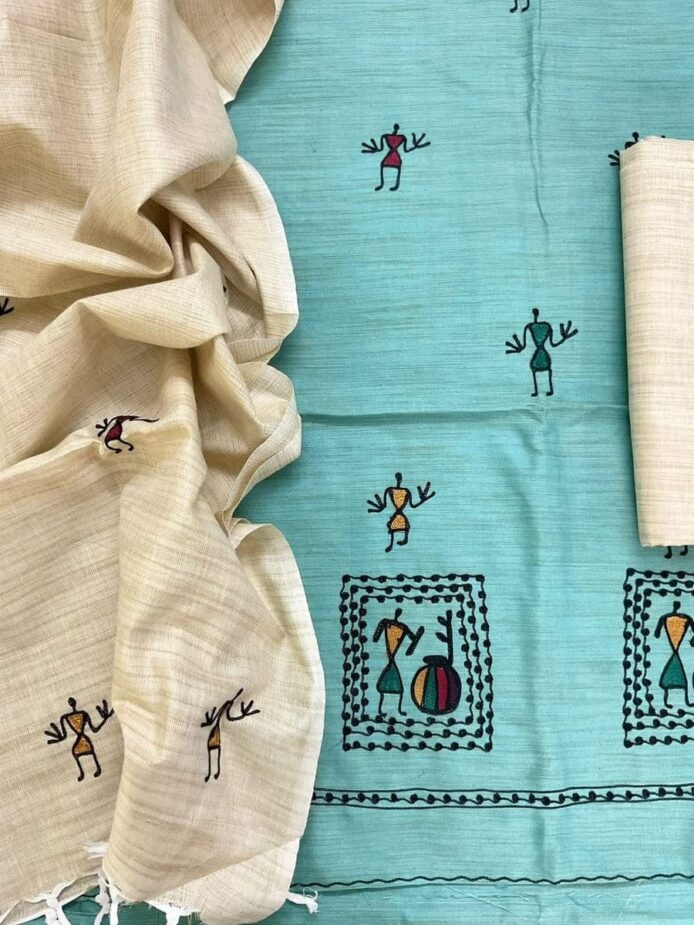 Khadi cotton embroidery salwar suit material with vibrant tribal folk art work on top & dupatta – perfect for festive, party & wedding wear. Aamir Fashion Textile.