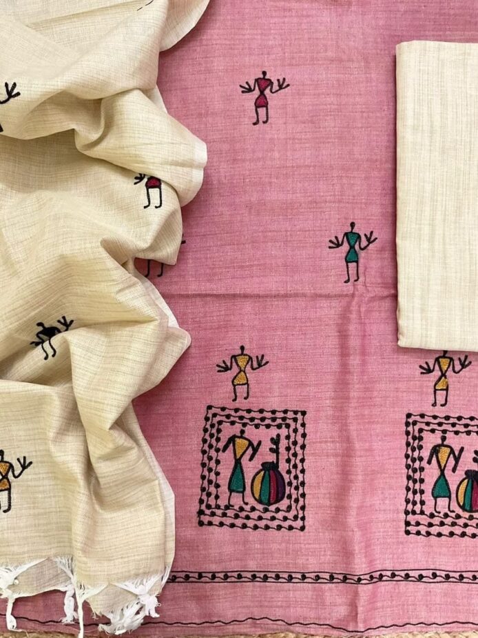 Khadi cotton embroidery salwar suit material with vibrant tribal folk art work on top & dupatta – perfect for festive, party & wedding wear. Aamir Fashion Textile.