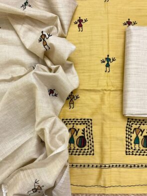 Khadi cotton embroidery salwar suit material with vibrant tribal folk art work on top & dupatta – perfect for festive, party & wedding wear. Aamir Fashion Textile.