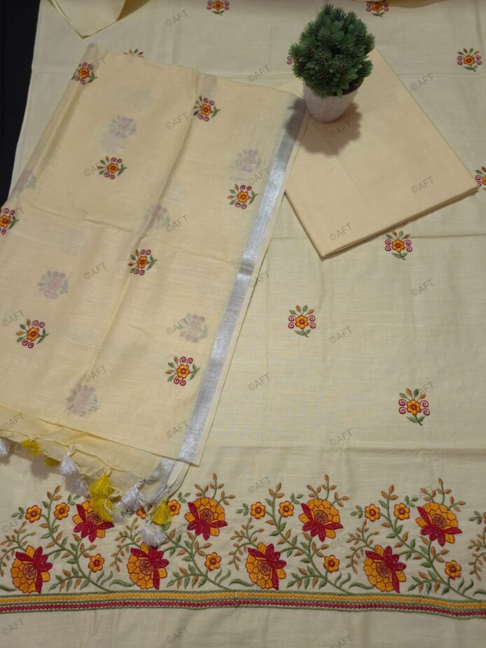 Cotton linen salwar suit with dupatta – Floral Embroidery Party Wear