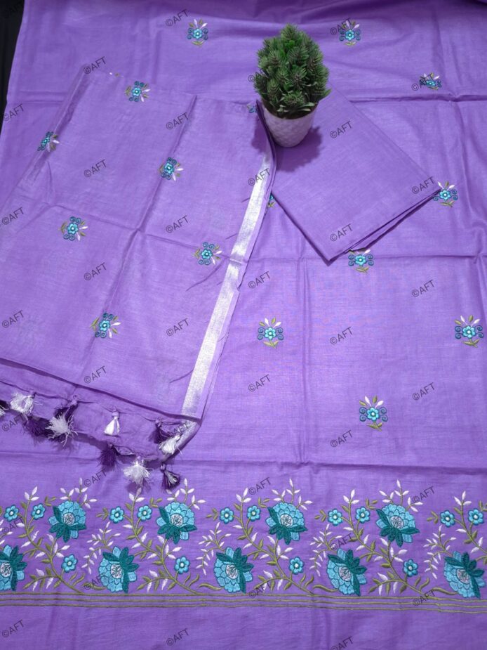 Unstitched Cotton Salwar Suit with Dupatta on the floor with flower pot
