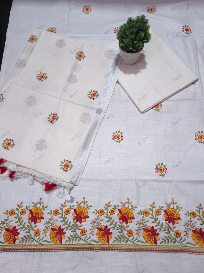 Cotton Linen Dress Material with Floral Embroidery for Festive Wear