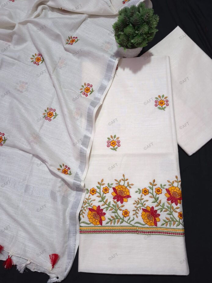 Cotton Linen Dress Material with Floral Embroidery for Festive Wear