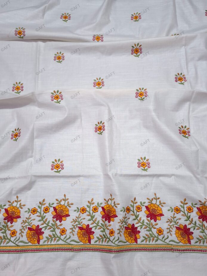 Cotton Linen Dress Material with Floral Embroidery for Festive Wear