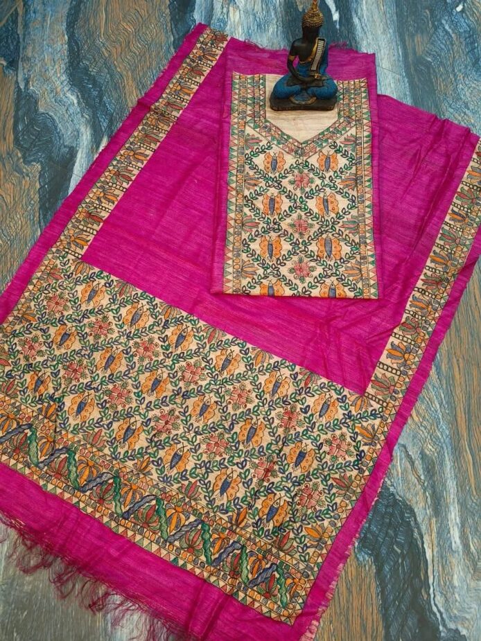 Tussar Ghicha Silk Madhubani Painting Dress Material on the floor with Budhdha Toy