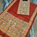 Tussar Ghicha Silk Madhubani Painting Dress Material on the floor with Budhdha Toy