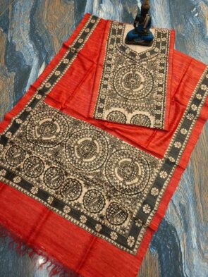 Tussar Ghicha Silk Madhubani Painting Dress Material on the floor with Budhdha Toy