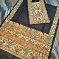 Tussar Ghicha Silk Madhubani Painting Dress Material on the floor with Budhdha Toy