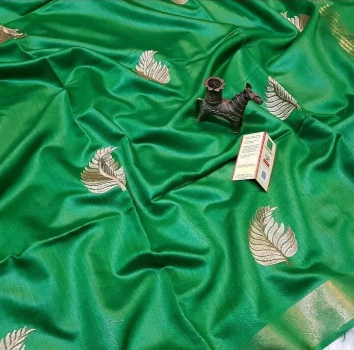 tussar munga silk saree with leaf embroidery for wedding wear