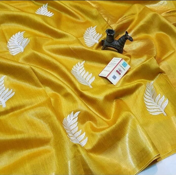 tussar munga silk saree with leaf embroidery for wedding wear