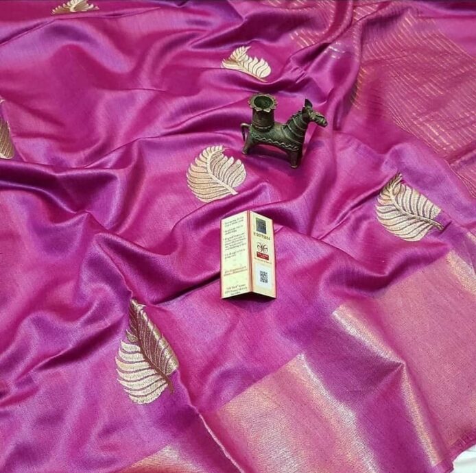 tussar munga silk saree with leaf embroidery for wedding wear